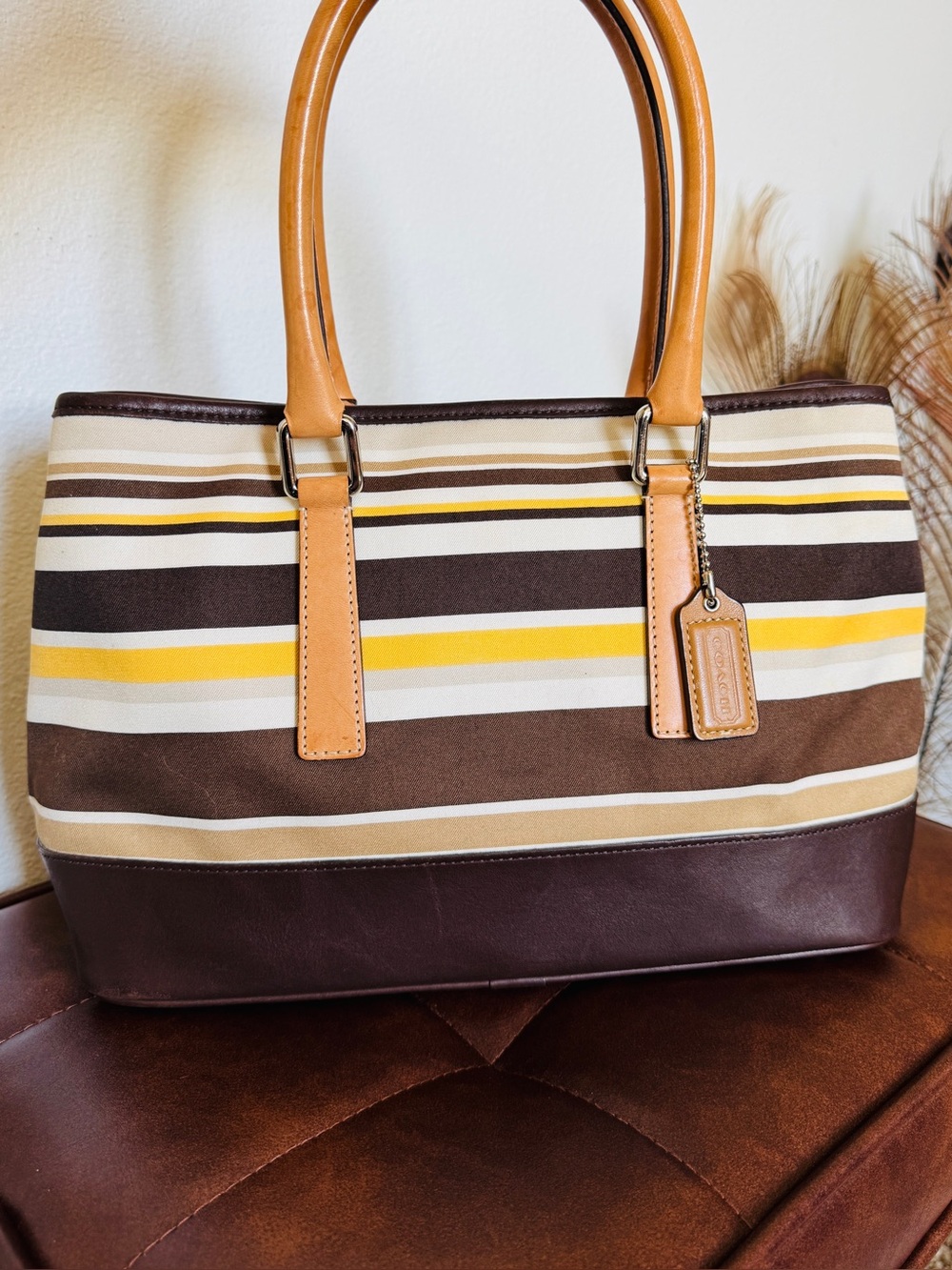 🤎💛 Coach Hamptons Stripe Canvas Leather Tote | Rare Vintage 7719 | + Care Cards